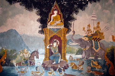 Fresco que representa una escena de la vida de Buda en Wat Phra Doi Suthep, Chiang Mai. Phra Mae Thorani retuerce su largo cabello y torrentes de agua crean una inundación. Tailandia de Unknown